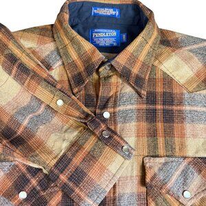 Pendleton High Grade Western Wear Pearl Snap Brown Plaid Wool Shirt Size L